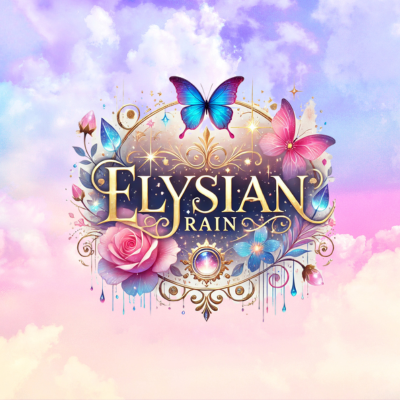 Elysian Rain Cosmetics logo with butterflies, roses and dreamy pastel clouds.
